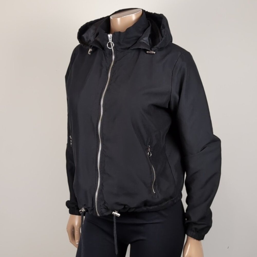 Suzy Shier Soft Shell Hooded Jacket Black Drawstring Adjustable Spring Fall - Picture 2 of 11